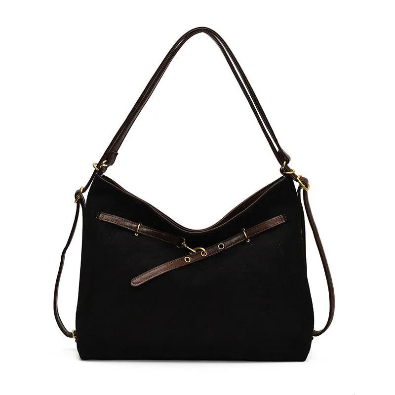Women's PU suede backpack 28x37x13cm in black, medium-soft texture for commuting and leisure