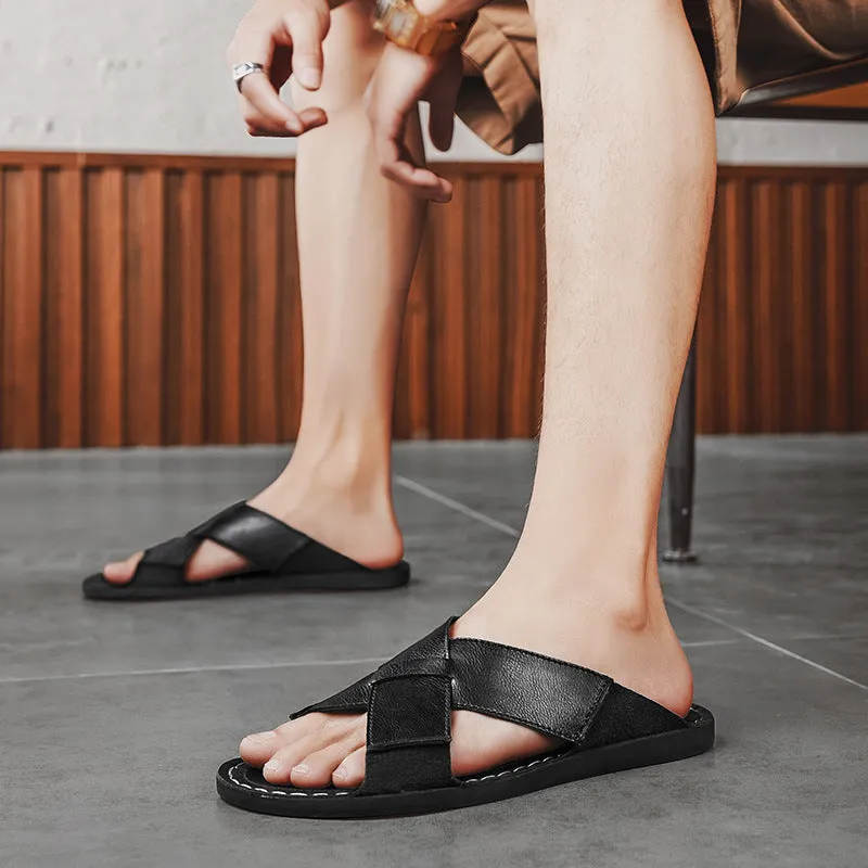 Men's black pigskin leather slip-on sandals with rubber sole on neutral background