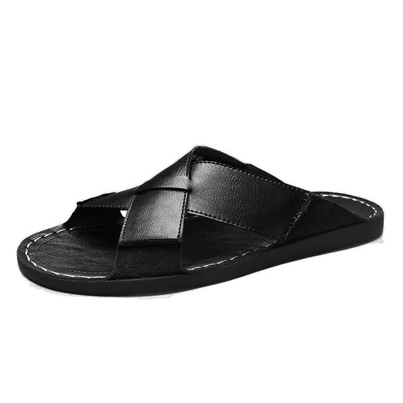 Men's black pigskin leather slip-on sandals with rubber sole on neutral background