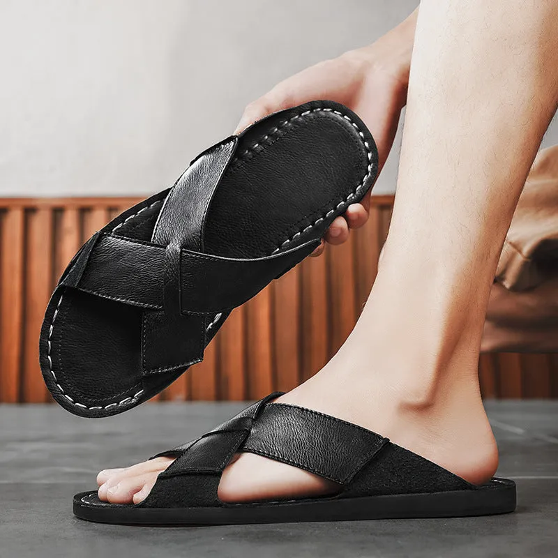 Men's black pigskin leather slip-on sandals with rubber sole on neutral background
