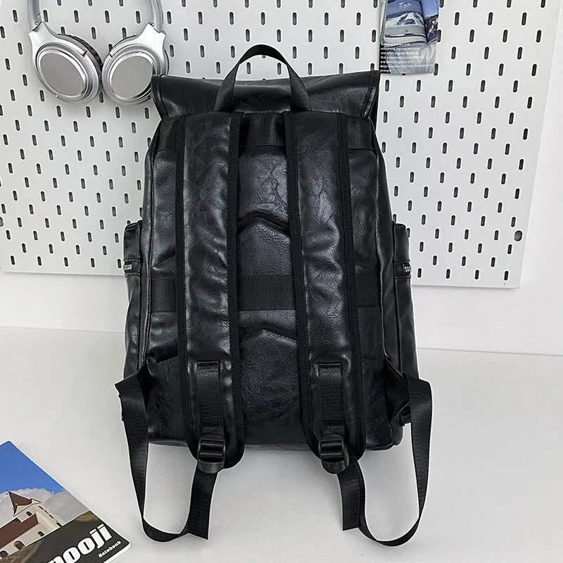 Solid colour PU couple travel backpack in black, curved shoulder strap, waterproof design for leisure travel