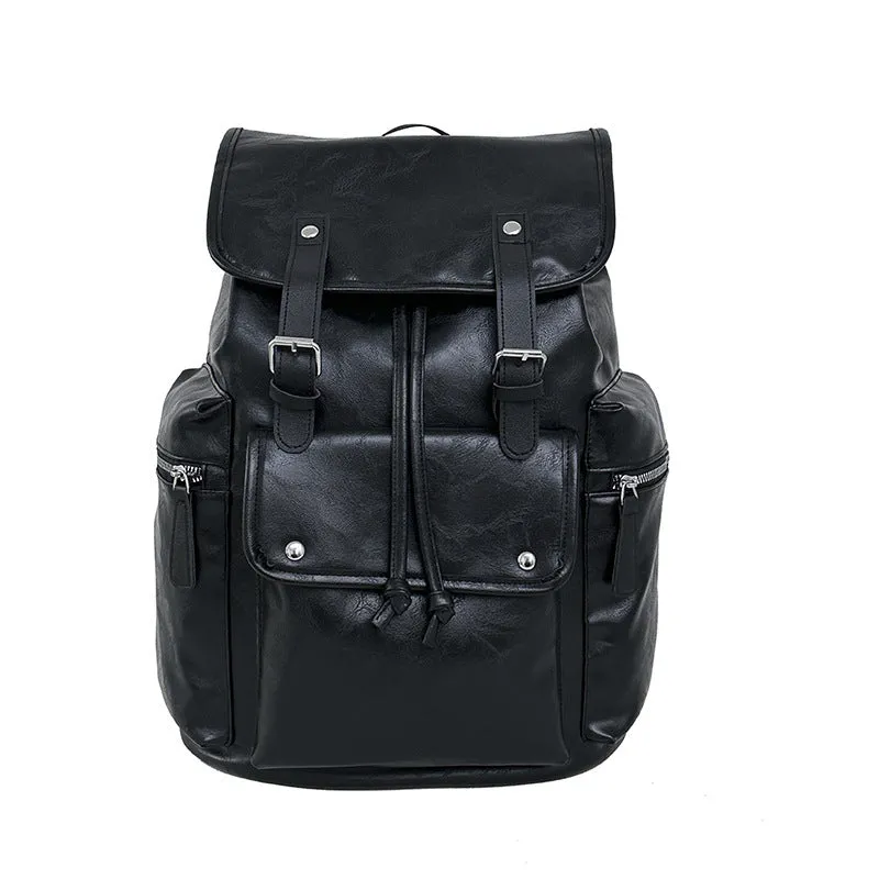 Solid colour PU couple travel backpack in black, curved shoulder strap, waterproof design for leisure travel