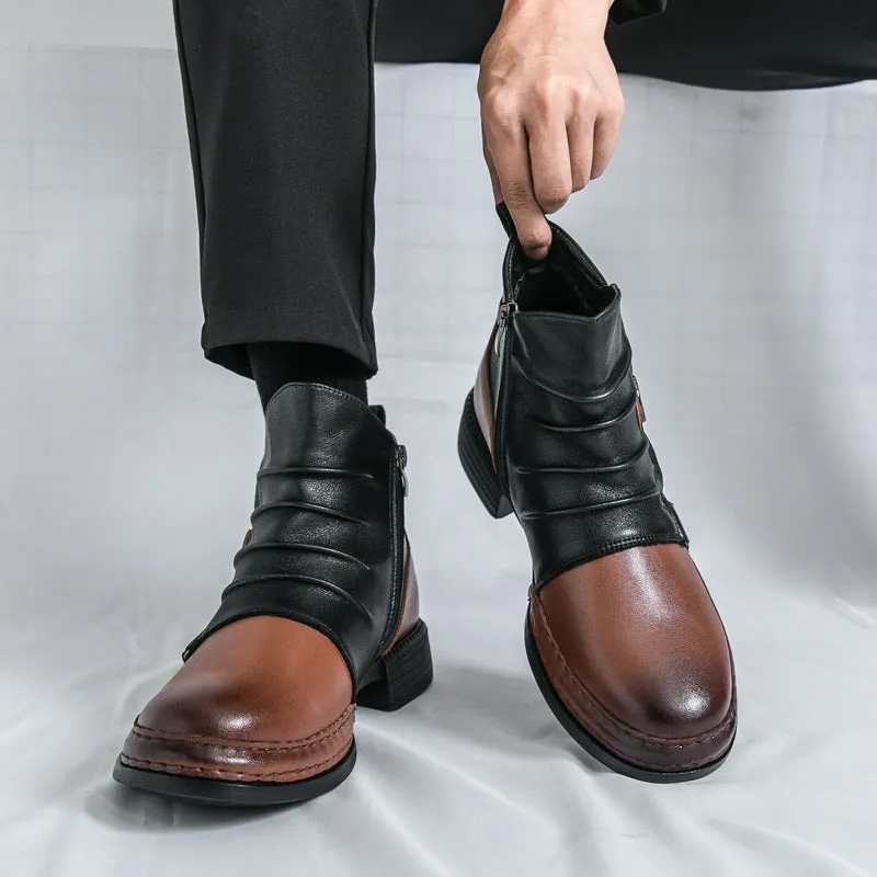 Men's British style martin booties in brown with side zipper, artificial PU upper, and rubber sole