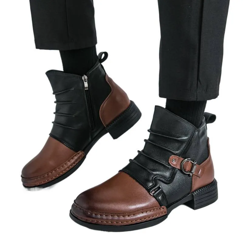 Men's British style martin booties in brown with side zipper, artificial PU upper, and rubber sole