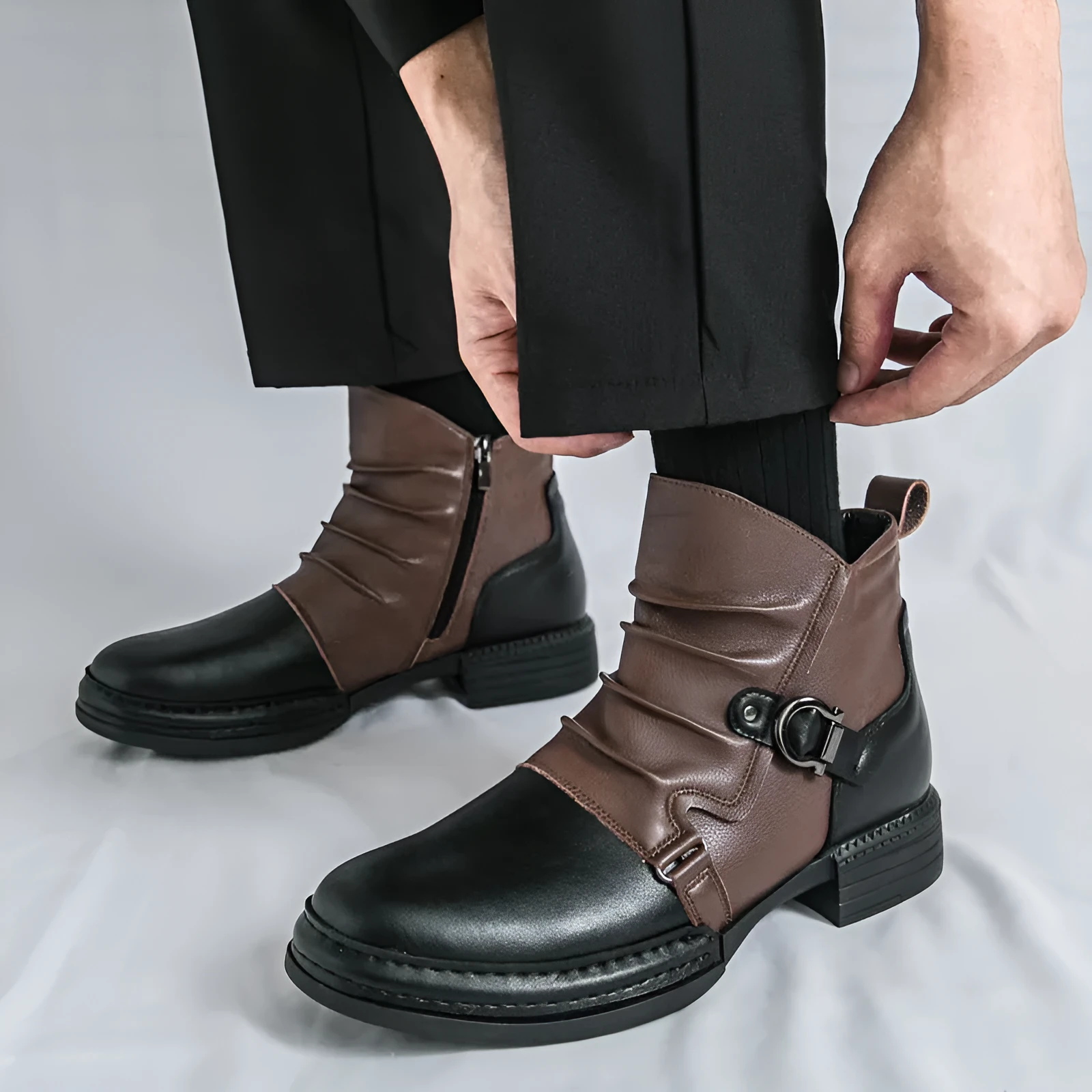 Men's British style martin booties in brown with side zipper, artificial PU upper, and rubber sole