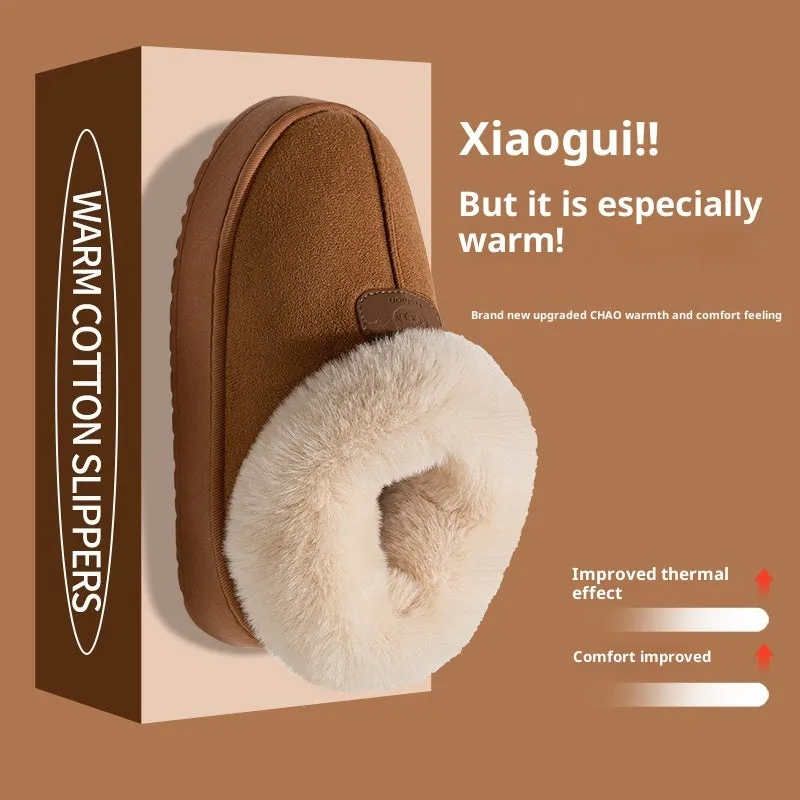 Women's solid colour suede slippers with bear logo heel cover, round head shape, casual style