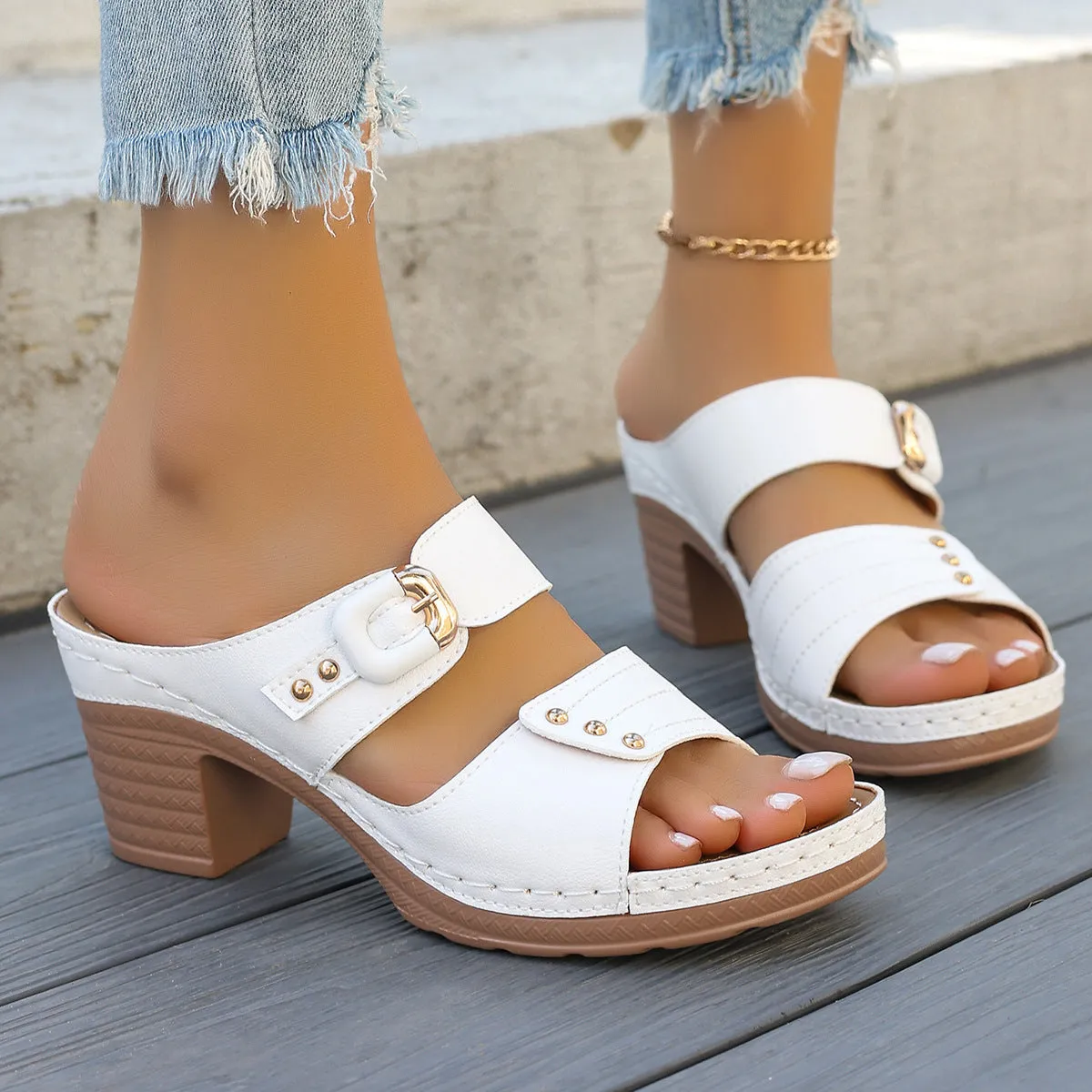 Open toe chunky heel embossed outdoor slippers in black, milky white, and white with fish mouth toe bracket