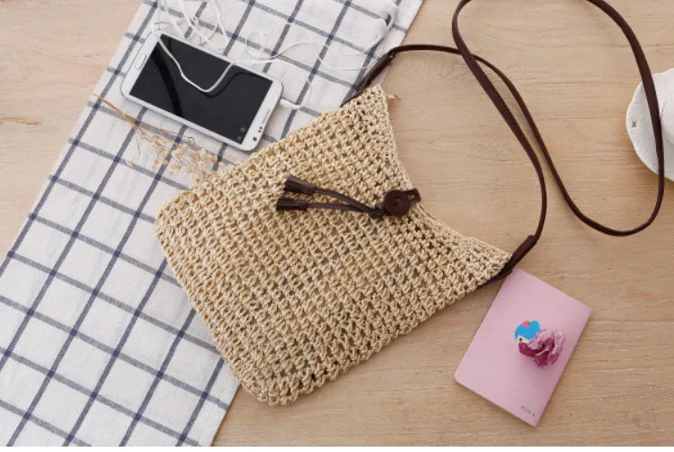 Handmade crochet crossbody straw bag for children with cotton lining in khaki colour