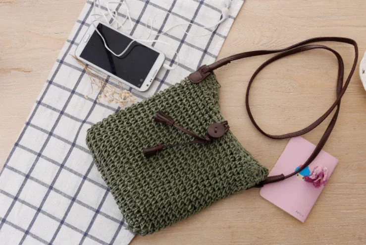 Handmade crochet crossbody straw bag for children with cotton lining in khaki colour