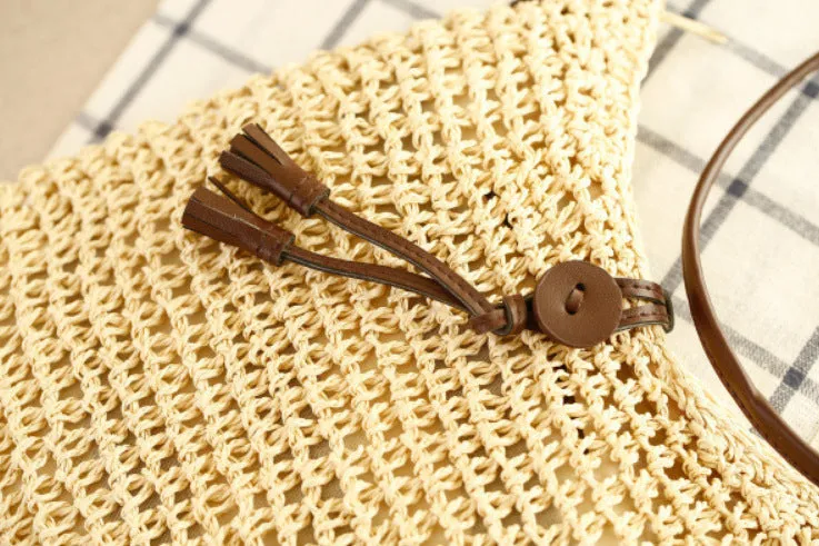Handmade crochet crossbody straw bag for children with cotton lining in khaki colour