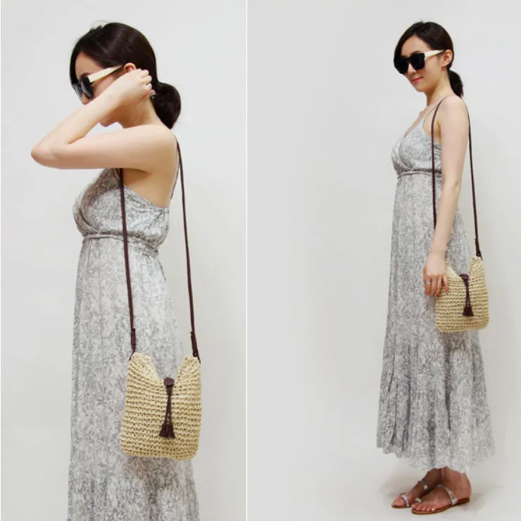 Handmade crochet crossbody straw bag for children with cotton lining in khaki colour