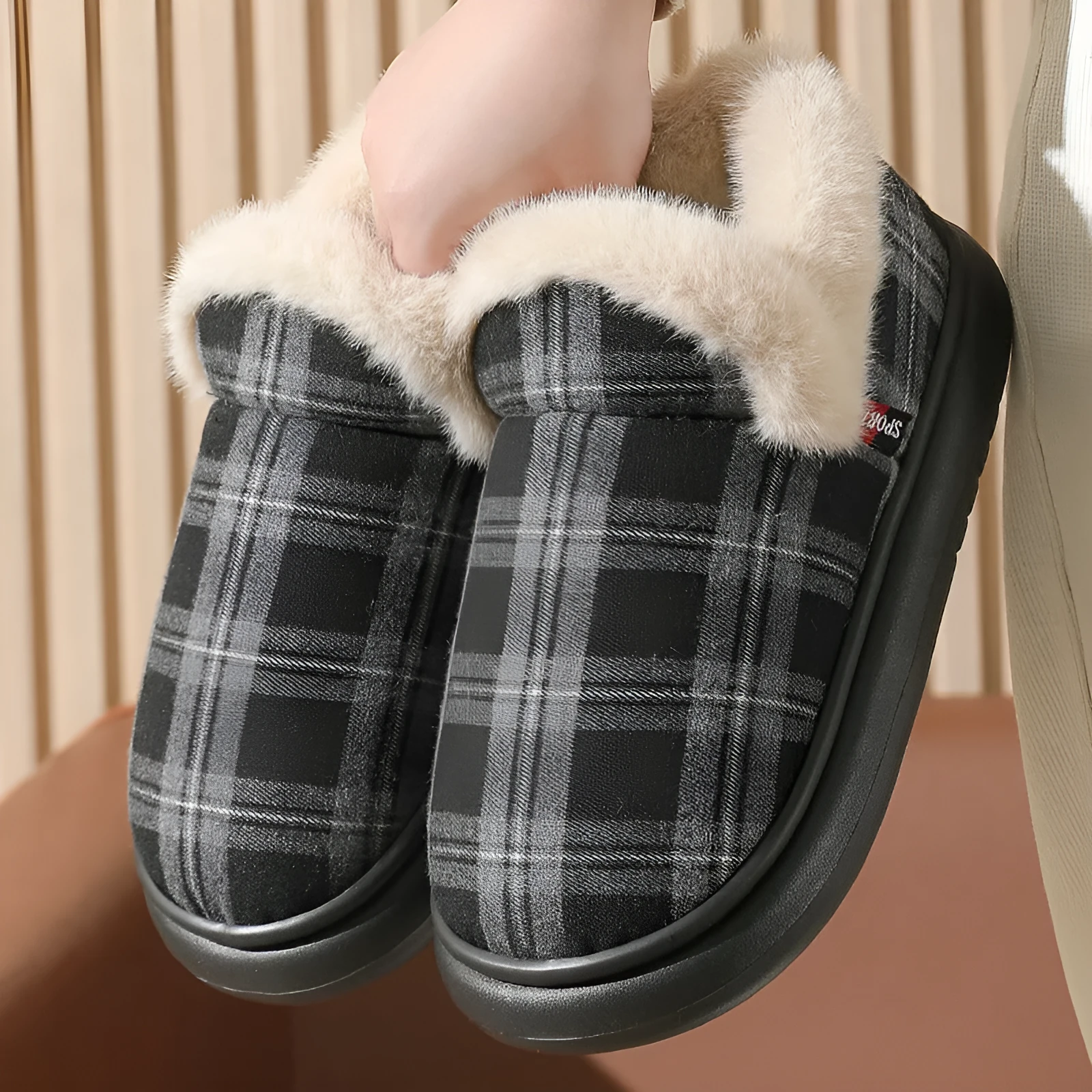 New ankle wrap cotton shoes for men and women with suede upper, plaid pattern, round toe, in gray colour option