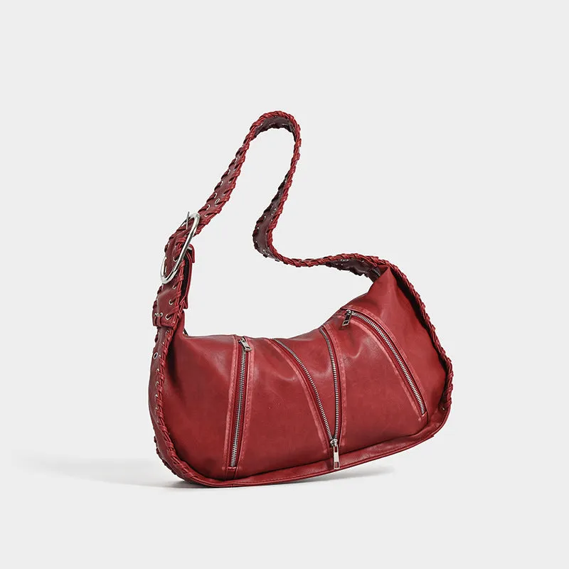 Large capacity vintage weave shoulder bag in brown with sandwich pocket and single strap