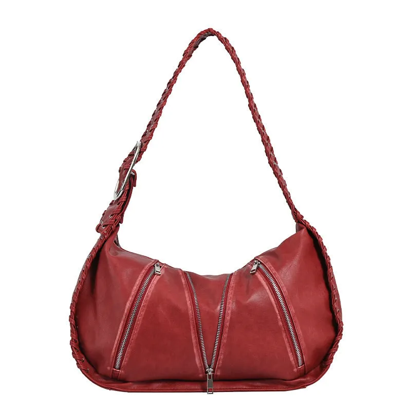 Large capacity vintage weave shoulder bag in brown with sandwich pocket and single strap