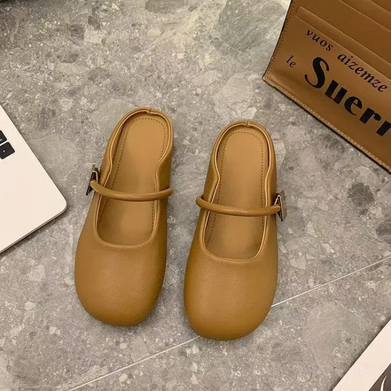 Women's wild square buckle toe cap semi slipper slip-on shoe with PVC upper in khaki colour