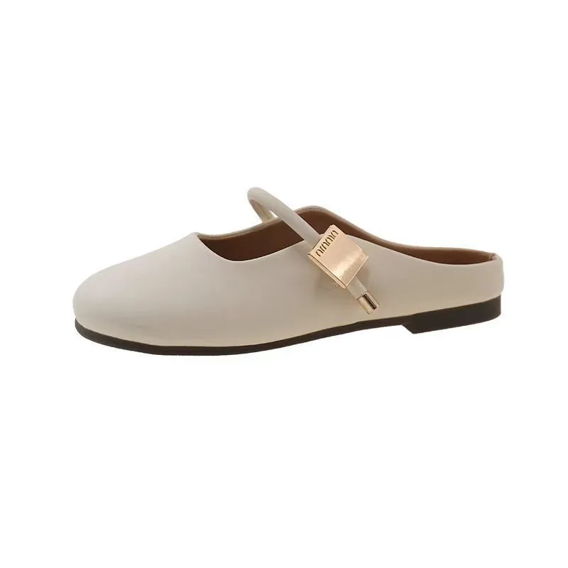 Women's wild square buckle toe cap semi slipper slip-on shoe with PVC upper in khaki colour