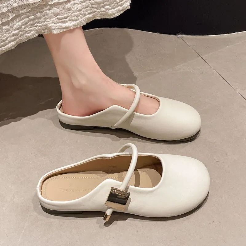 Women's wild square buckle toe cap semi slipper slip-on shoe with PVC upper in khaki colour