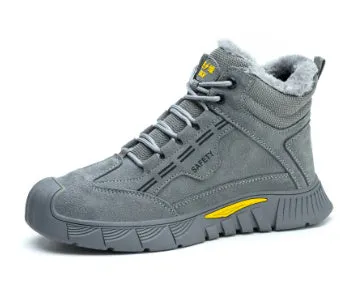 Men's winter high-top velvet cotton safety shoes with steel toe on grey background