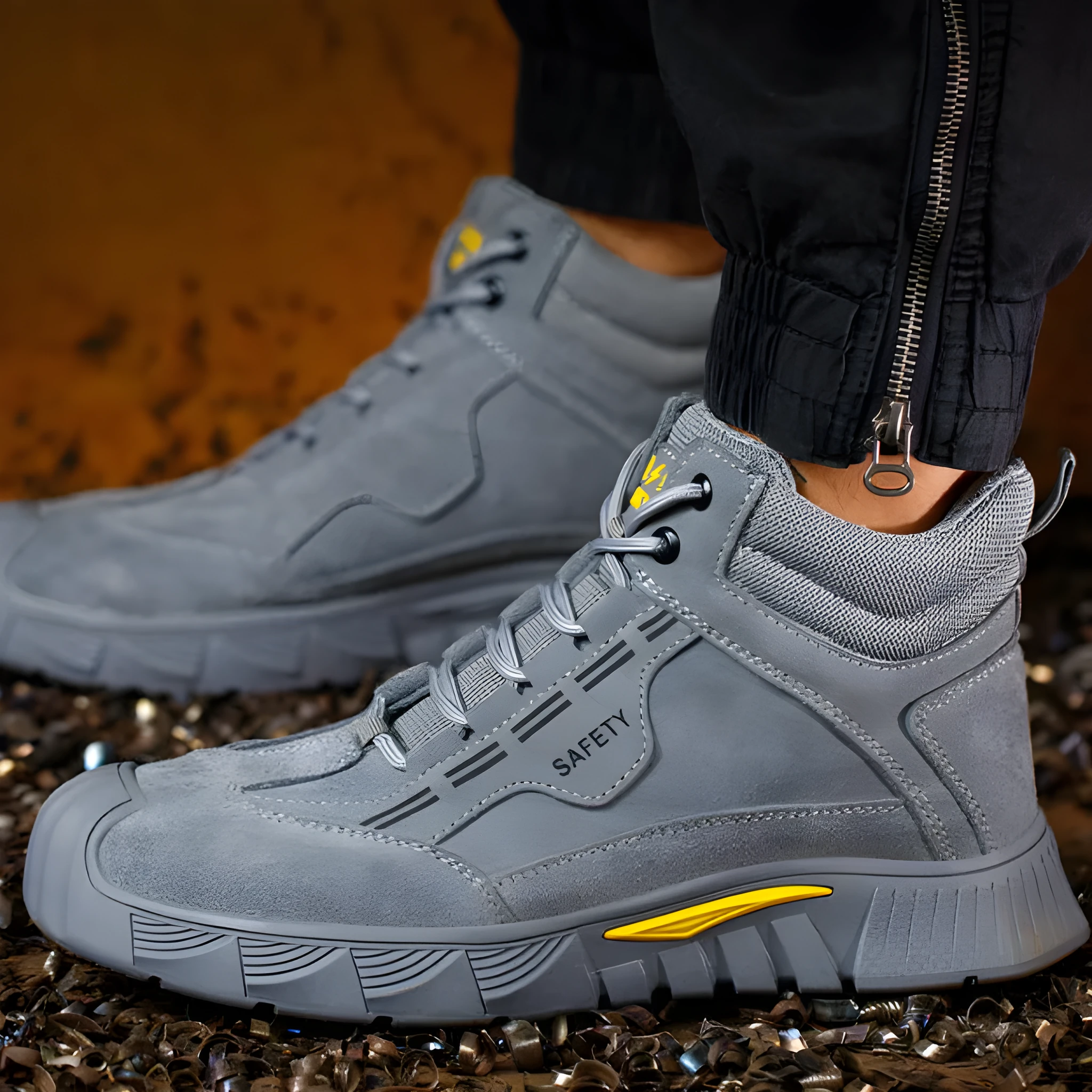 Men's winter high-top velvet cotton safety shoes with steel toe on grey background