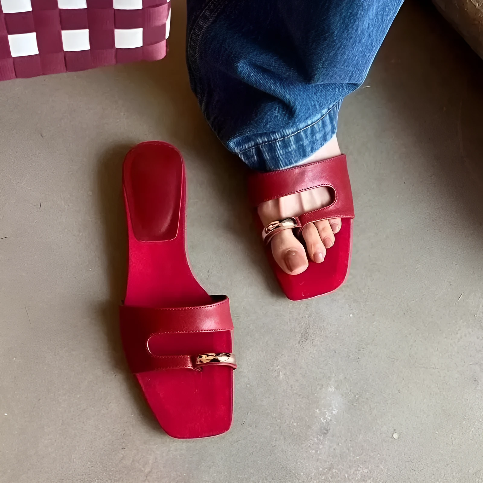 Women's plus size square toe leather slipper with rubber sole in black, red, silver, or white.