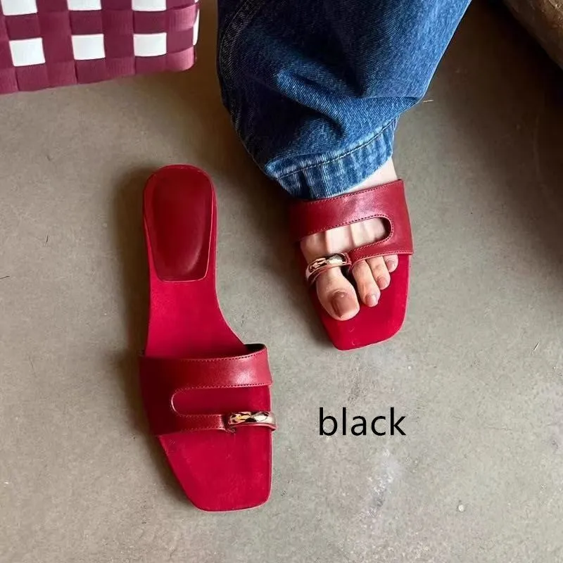 Women's plus size square toe leather slipper with rubber sole in black, red, silver, or white.