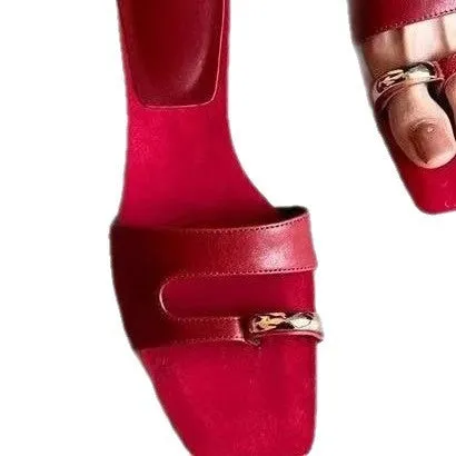 Women's plus size square toe leather slipper with rubber sole in black, red, silver, or white.