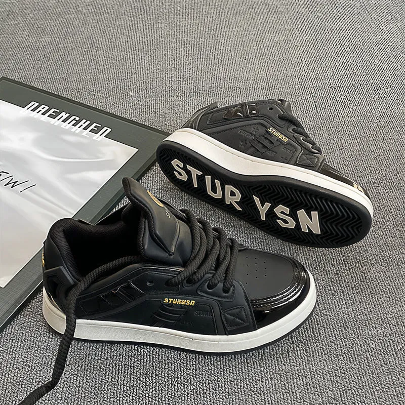 Men's black thick bottom board shoes with PU leather upper and rubber sole on a light background