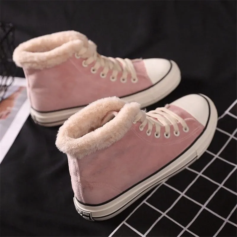 Women's cotton-padded warm-keeping canvas shoes in pink with flat heel and microfiber upper
