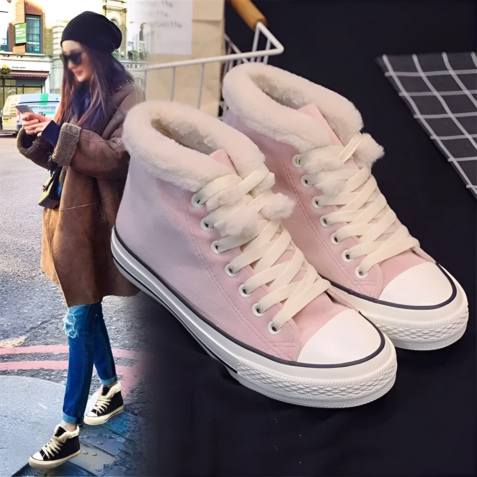 Women's cotton-padded warm-keeping canvas shoes in pink with flat heel and microfiber upper