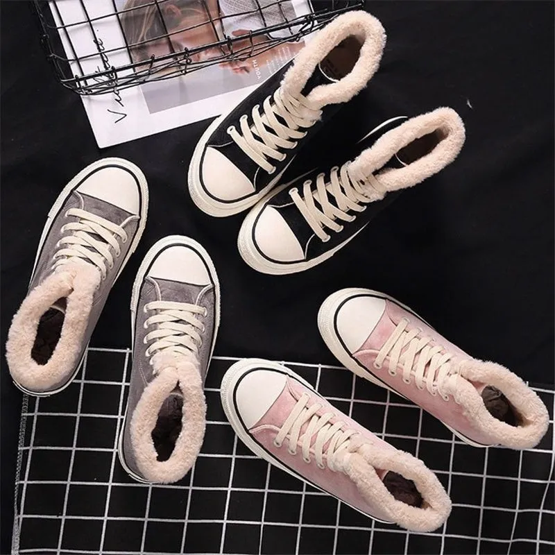 Women's cotton-padded warm-keeping canvas shoes in pink with flat heel and microfiber upper