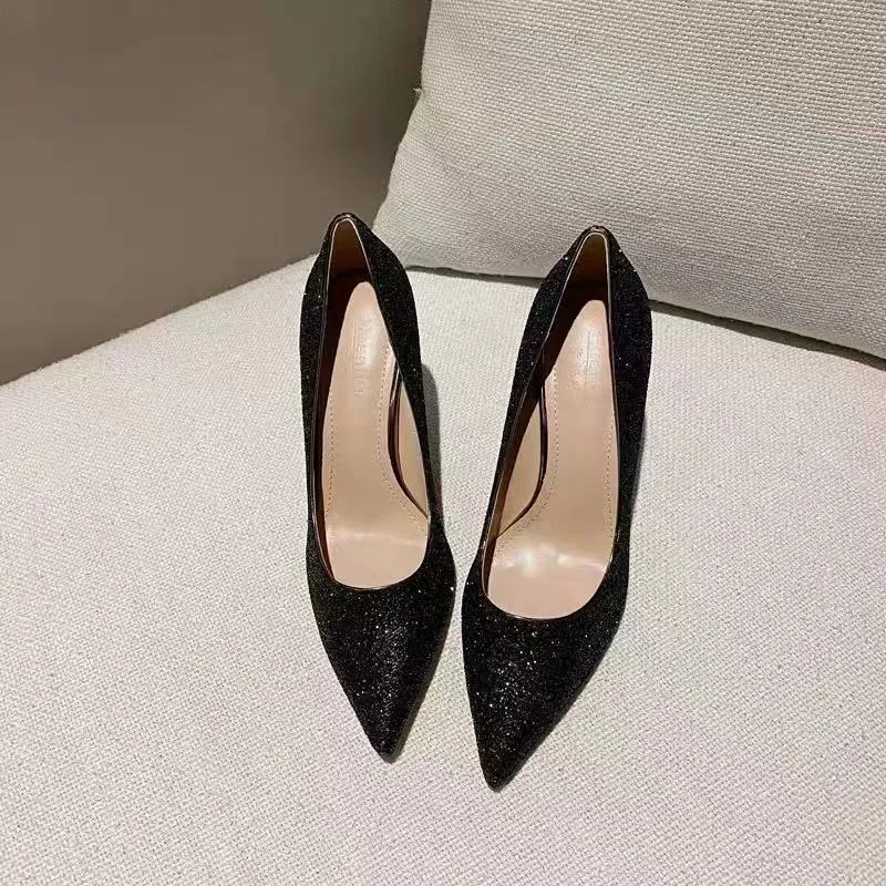 Silver and black women's wedding shoes with crystal stiletto heels in 7cm and 9cm heights.