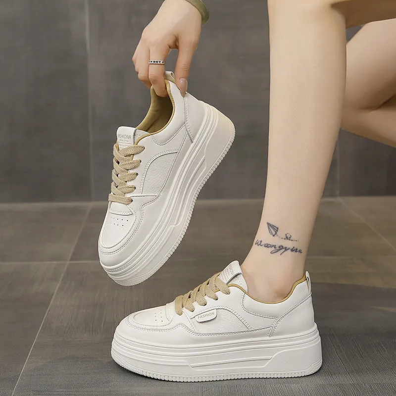 Black low-top platform thick sole casual shoes with two-layer cowhide upper, round toe, and front lace-up closure