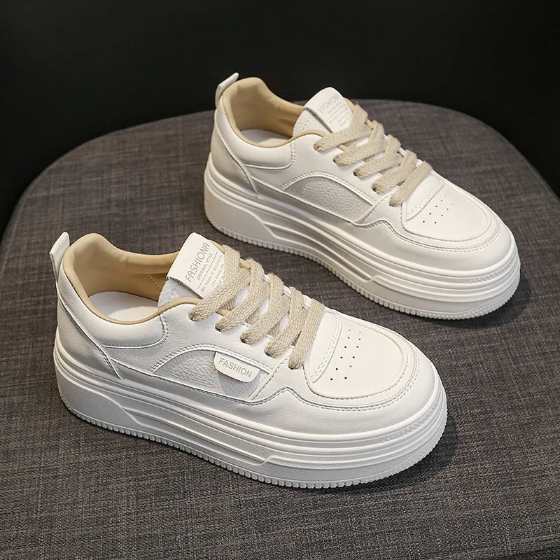 Black low-top platform thick sole casual shoes with two-layer cowhide upper, round toe, and front lace-up closure