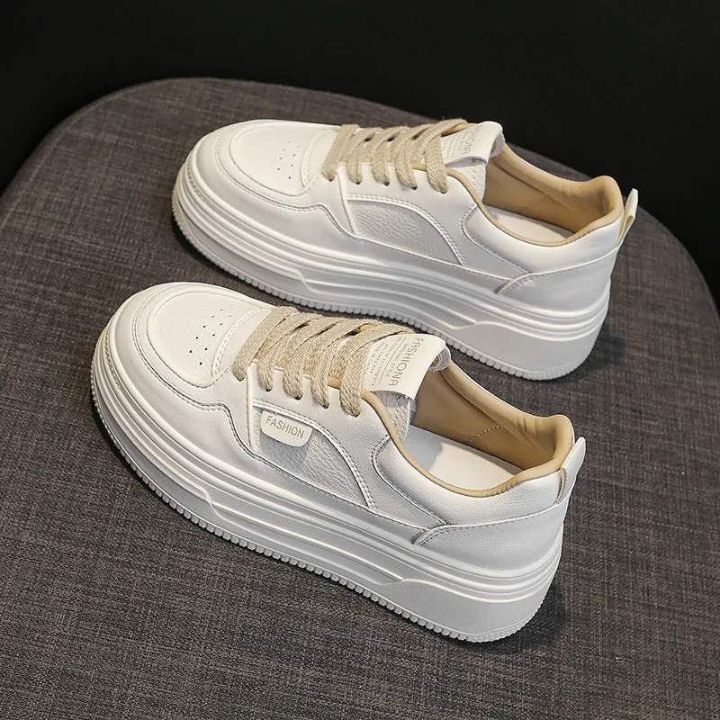 Black low-top platform thick sole casual shoes with two-layer cowhide upper, round toe, and front lace-up closure