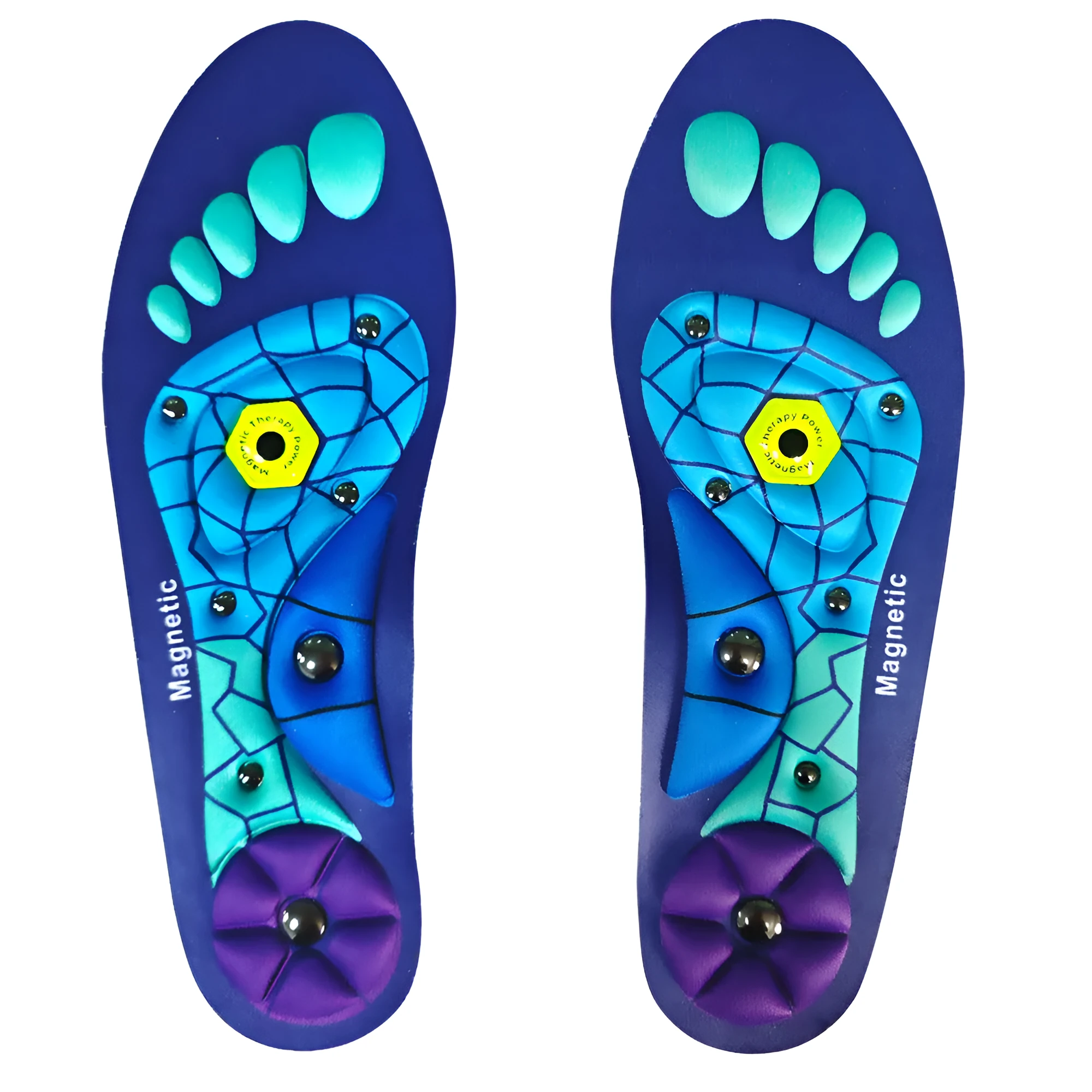 Breathable EVA health care insoles for men and women in black, blue, and red, sizes S, M, L
