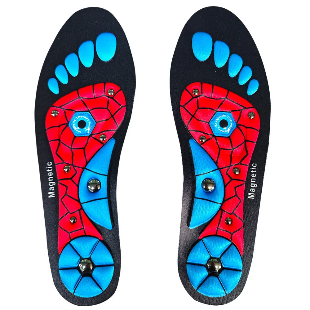 Breathable EVA health care insoles for men and women in black, blue, and red, sizes S, M, L