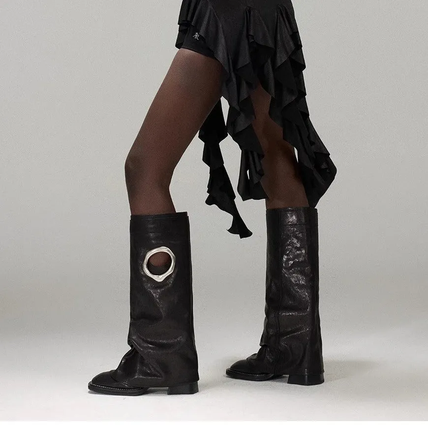 Women's all-matching mid heel knee-high boots in solid colour, square toe, black and apricot options