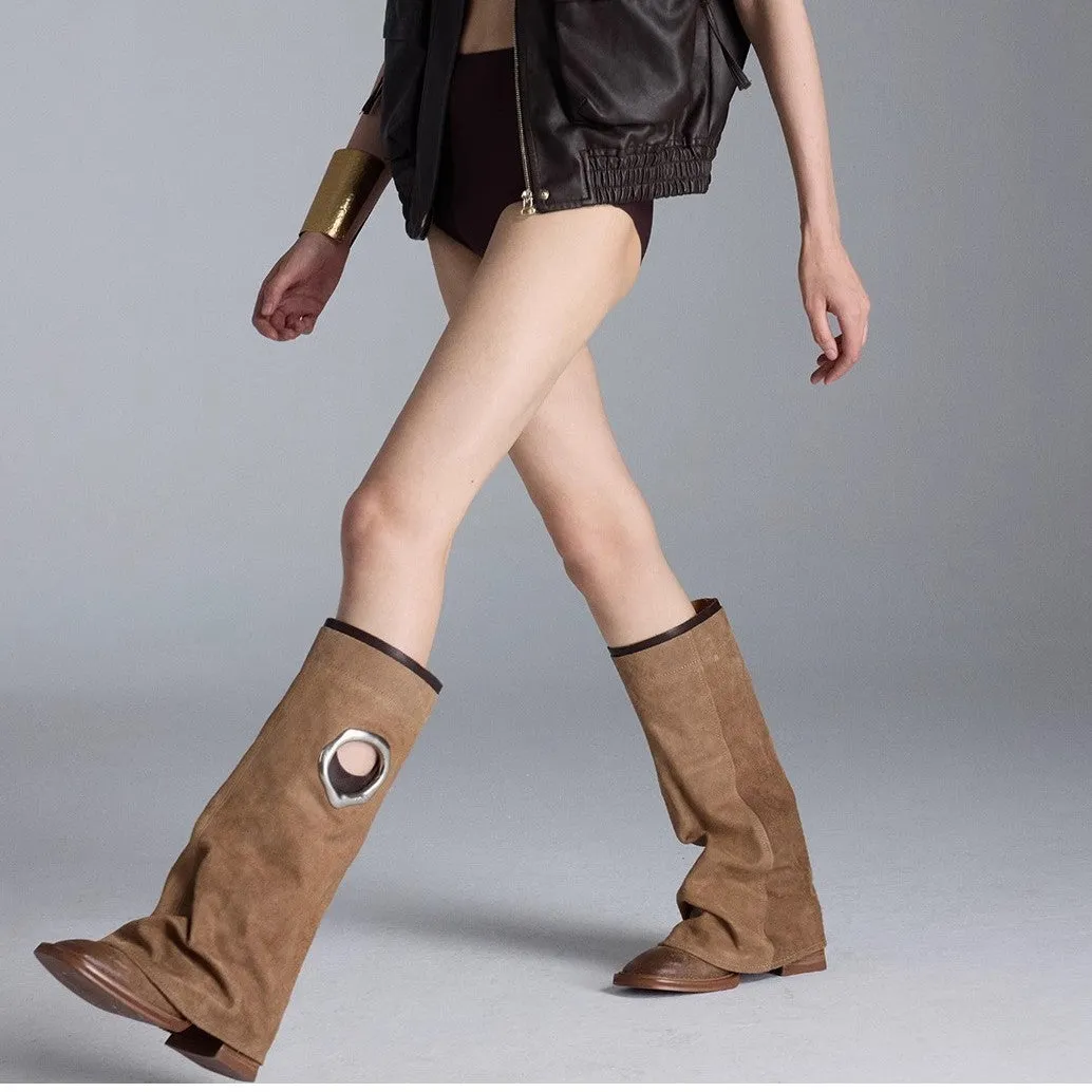 Women's all-matching mid heel knee-high boots in solid colour, square toe, black and apricot options