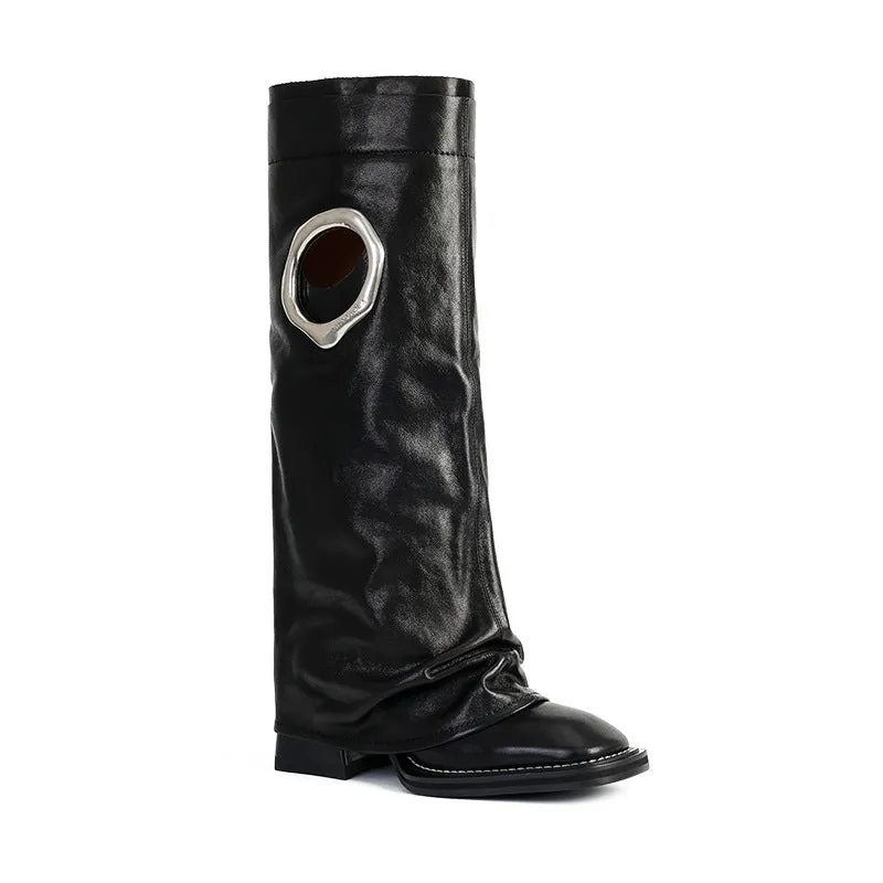 Women's all-matching mid heel knee-high boots in solid colour, square toe, black and apricot options