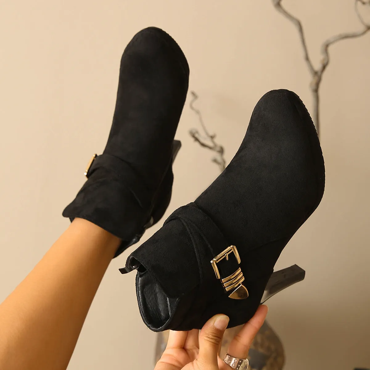 Women's plus size stiletto boots with suede upper, 6-8cm heel, round toe, in black colour option