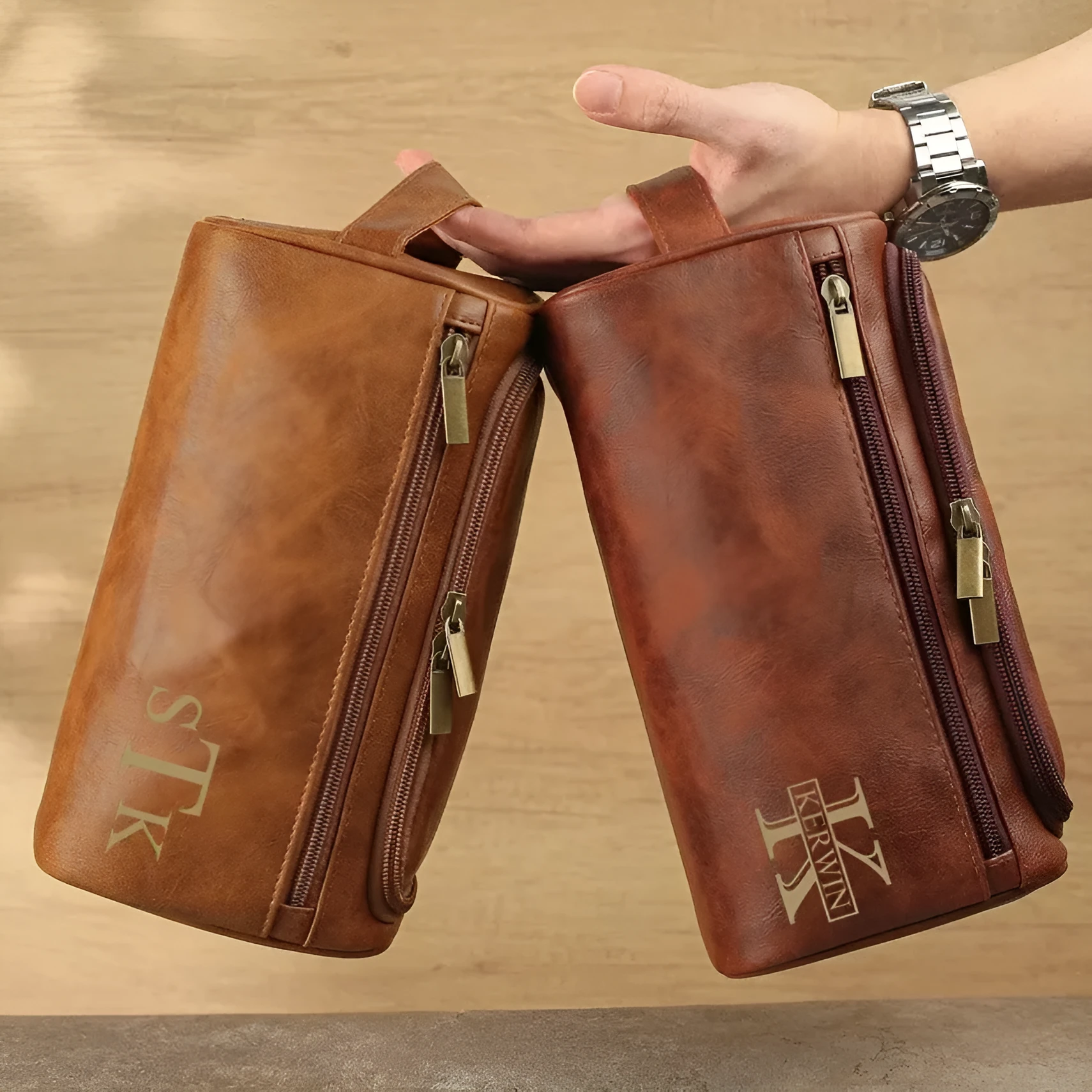 Men's personalised PU leather travel bag in black, light brown, brown, or dark brown colour