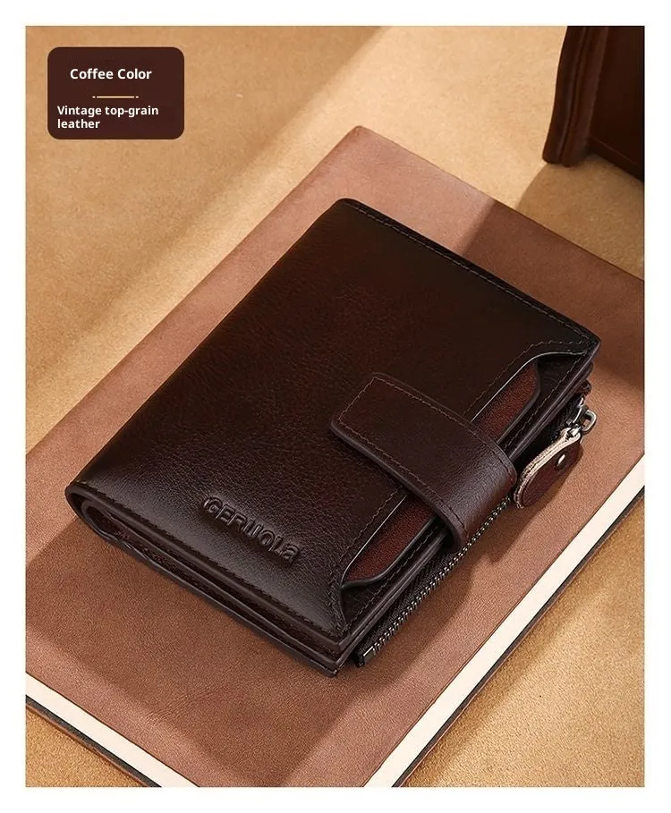 Men's multifunctional zipper small wallet in cowhide leather, large capacity, multiple card slots, anti-theft, yellow brown colour