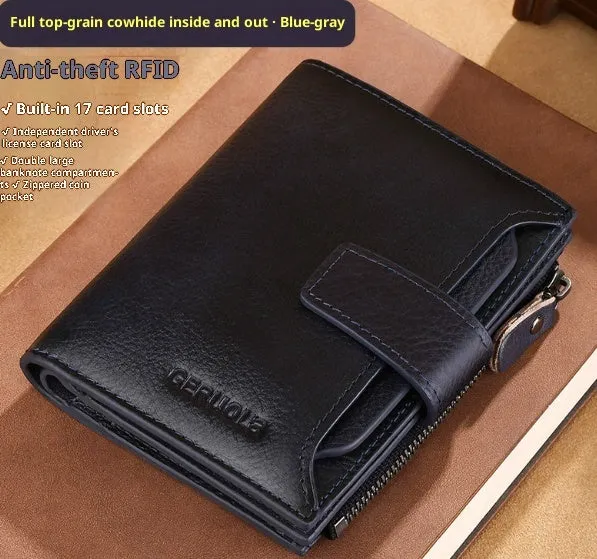 Men's multifunctional zipper small wallet in cowhide leather, large capacity, multiple card slots, anti-theft, yellow brown colour