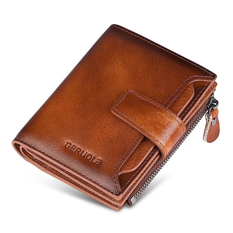 Men's multifunctional zipper small wallet in cowhide leather, large capacity, multiple card slots, anti-theft, yellow brown colour