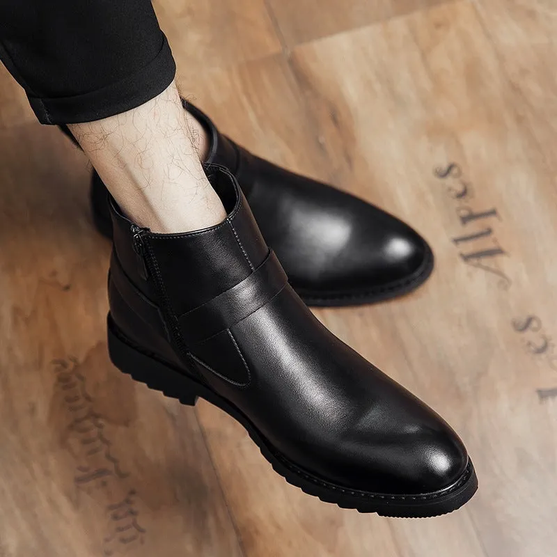 Men's pointed toe high-top boots with side zipper, wedge heel, in black colour
