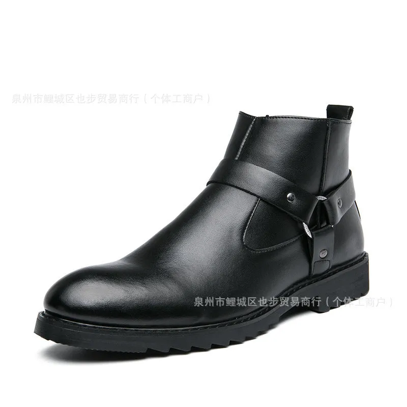 Men's pointed toe high-top boots with side zipper, wedge heel, in black colour