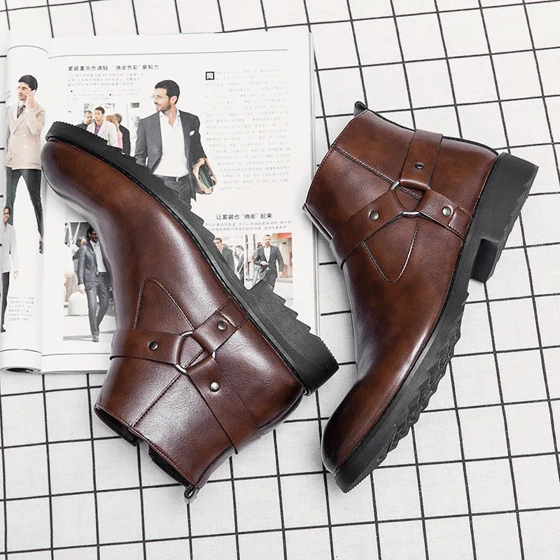 Men's pointed toe high-top boots with side zipper, wedge heel, in black colour