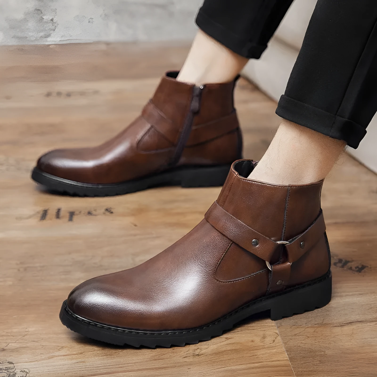 Men's pointed toe high-top boots with side zipper, wedge heel, in black colour