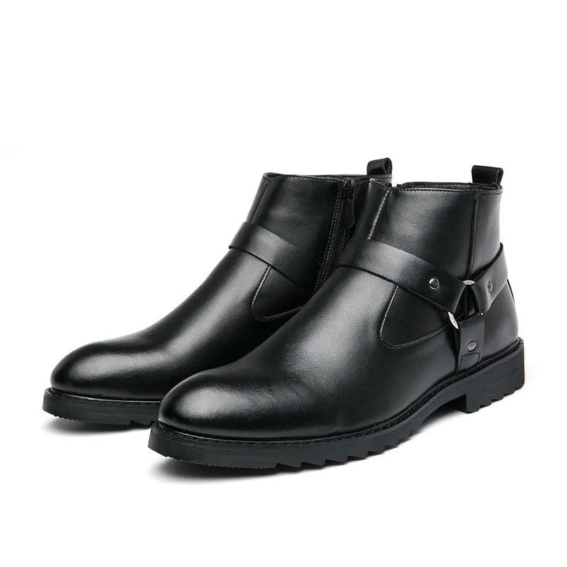 Men's pointed toe high-top boots with side zipper, wedge heel, in black colour