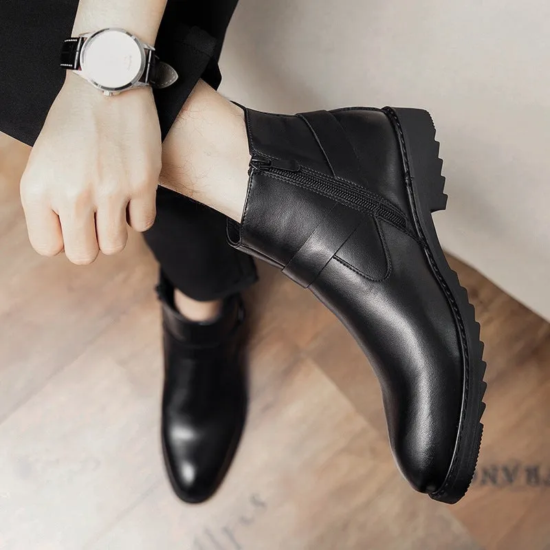 Men's pointed toe high-top boots with side zipper, wedge heel, in black colour